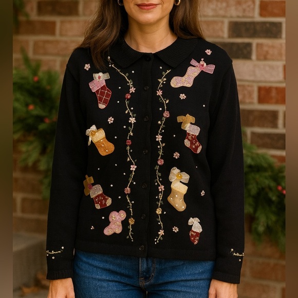 Vintage Whimsical Christmas Long Sleeve Cardigan Sweater Size Large Festive - Picture 1 of 8